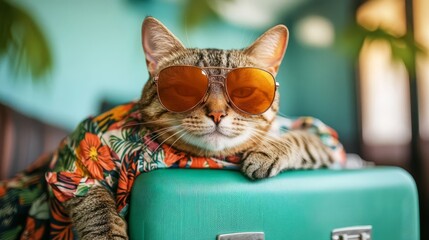A stylish cat in a Hawaiian shirt.