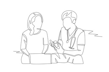 Nurse explains the use of medication to the patient. Visiting nurse concept one-line drawing