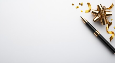Photo of a pen with golden ribbons and confetti on a white silver background, a flat lay banner with copy space for holiday or party design.
