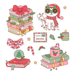 set of isolated stack of books and cat