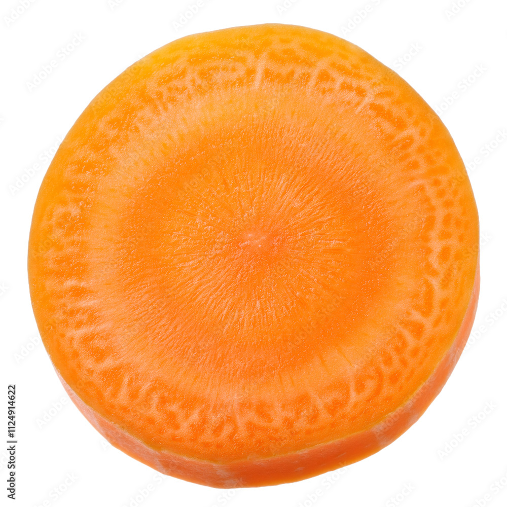 Poster vivid orange carrot slice with detailed concentric rings, isolated on transparent background in a cl
