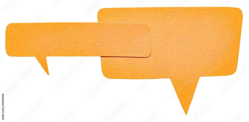 Poster orange blank cut out cardboard paper speech bubbles with rough edges round corners and copy space fo