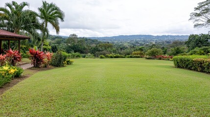 Fototapeta premium Serene Green Landscape with Lush Gardens and Tropical Plants Under Cloudy Sky
