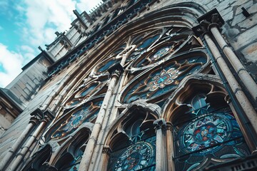 Naklejka premium A close-up view of a gothic-style stained glass window on a historic building.