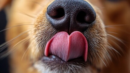 Golden retriever sticking out tongue and licking nose close-up