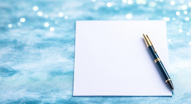 Photo of a pen and blank paper binder posisi in middle on a blue black background, top view for a greting card banner template.