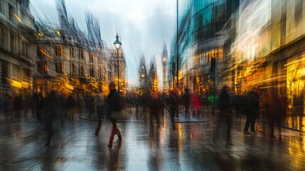 Naklejka premium Walking people blur. Lots of people walking in the City of London. Wide panoramic view of people crossing the road.