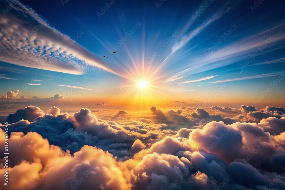 Poster captivating minimalist scene of sunlight and clouds dancing in the sky, showcasing playful interacti