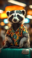 A cute badger dressed in a Hawaiian shirt.