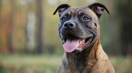 Obraz premium Portrait of happy pit bull terrier panting in park