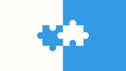 Two interlocked puzzle pieces in contrasting blue and white on a divided background