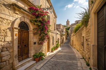 Fototapeta premium Captivating Minimalist Views of Narrow Streets in Ragusa Ibla, Sicily, Showcasing Authentic Architecture and Vibrant Textures in the Heart of Italy's Enchanting Landscape