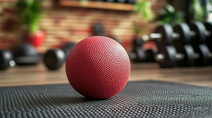 Red medicine ball on black textured gym floor, fitness equipment.
