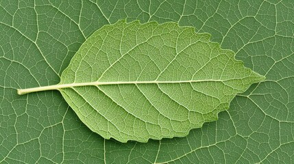 Obraz premium Detailed Close-Up of a Single Green Leaf on a Leafy Background Showing Texture and Veins