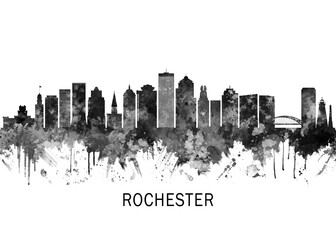 Obraz premium Rochester New York Skyline BW, cityscape landscape watercolor painting print poster abstract splash illustration urban art modern downtown landmarks skyscrapers