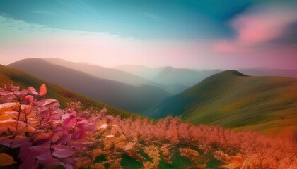 Obraz premium Mountain Sunrise: A vibrant panorama of a mountain landscape bathed in the soft light of a sunrise, with a foreground of delicate pink blossoms.