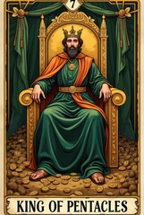 King of Pentacles Tarot Card on a Golden Throne