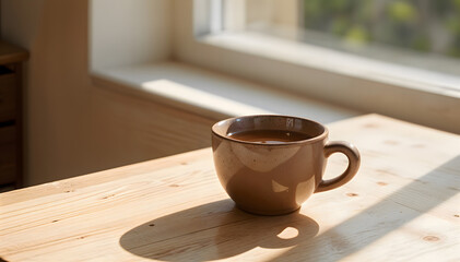 Simple Ceramic Mug With Hot Tea On A Wooden Table