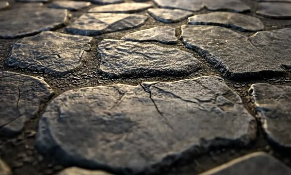 Close-up of a Dark Grey Cobblestone Pavement Showing Texture and Cracks