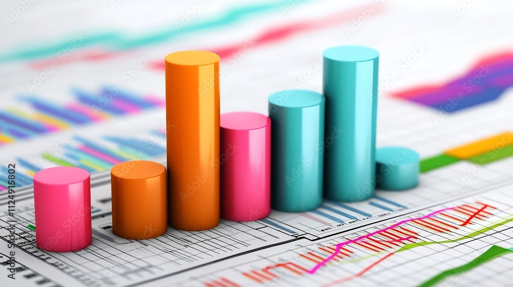 Poster abstract finance and business analytics with 3d charts and graphs