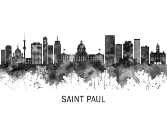 Obraz premium Saint Paul Minnesota Skyline BW, cityscape landscape watercolor painting print poster abstract splash illustration urban art modern downtown landmarks skyscrapers