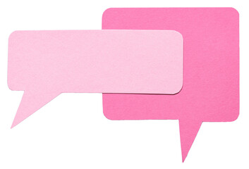Pink blank cut out cardboard paper speech bubbles with rough edges round corners and copy space for...