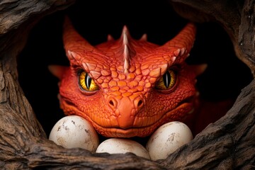 A mother dragon protecting her clutch of eggs in a hidden cave, her eyes glowing with fierce determination