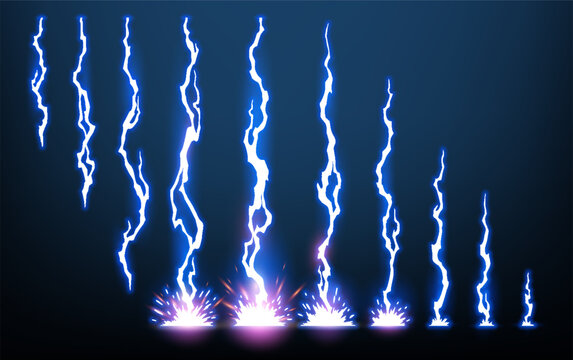 Lightning animation set with sparks. Electricity thunderbolt danger, light electric powerful thunder. Bright energy effect, vector illustration