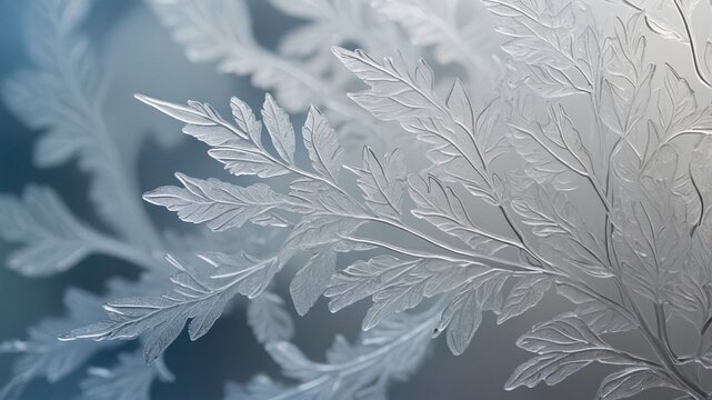 A frozen tapestry of nature, woven with delicate frost patterns. A close-up of an, etched pattern, reminiscent of frost or ice, showcasing intricate details and subtle variations in light and shadow.