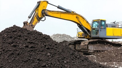 Excavator Digging Soil on Construction Site with Piles of Earth Nearby