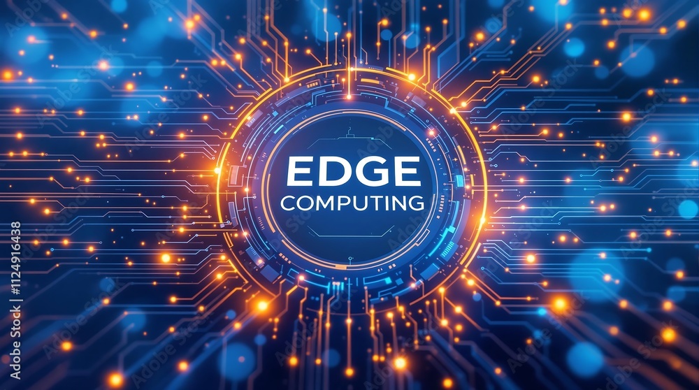 Poster edge computing concept on motherboard illustrating advanced data processing at network periphery for