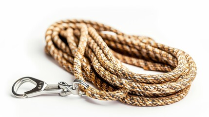 A coiled rope leash with a metal clip, designed for securing pets during walks.