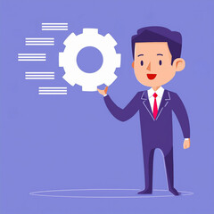 Minimalist illustration of a businessman holding gears, symbolizing process improvement, finding the right solution, balancing options, and optimizing business mechanisms.