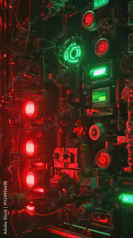 Poster futuristic cyberpunk machine wall with holographic display rotating gear layered components backgrou