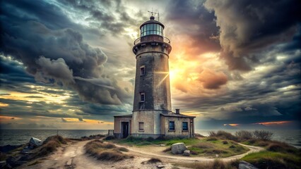 Lighthouse at sunset with stormy sky