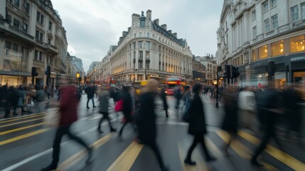 Fototapeta premium Walking people blur. Lots of people walking in the City of London. Wide panoramic view of people crossing the road.