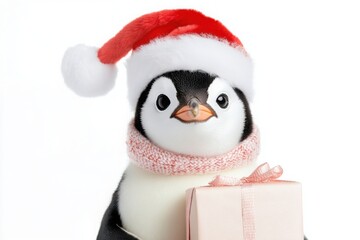 Adorable penguin wearing a santa hat and scarf, holding a christmas gift on white background