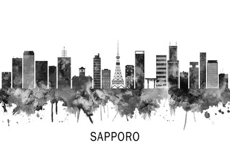 Fototapeta premium Sapporo Japan Skyline BW, cityscape landscape watercolor painting print poster abstract splash illustration urban art modern downtown landmarks skyscrapers