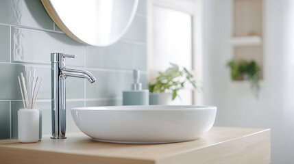 Fototapeta premium Modern minimalist faucet in small bathroom with green accent