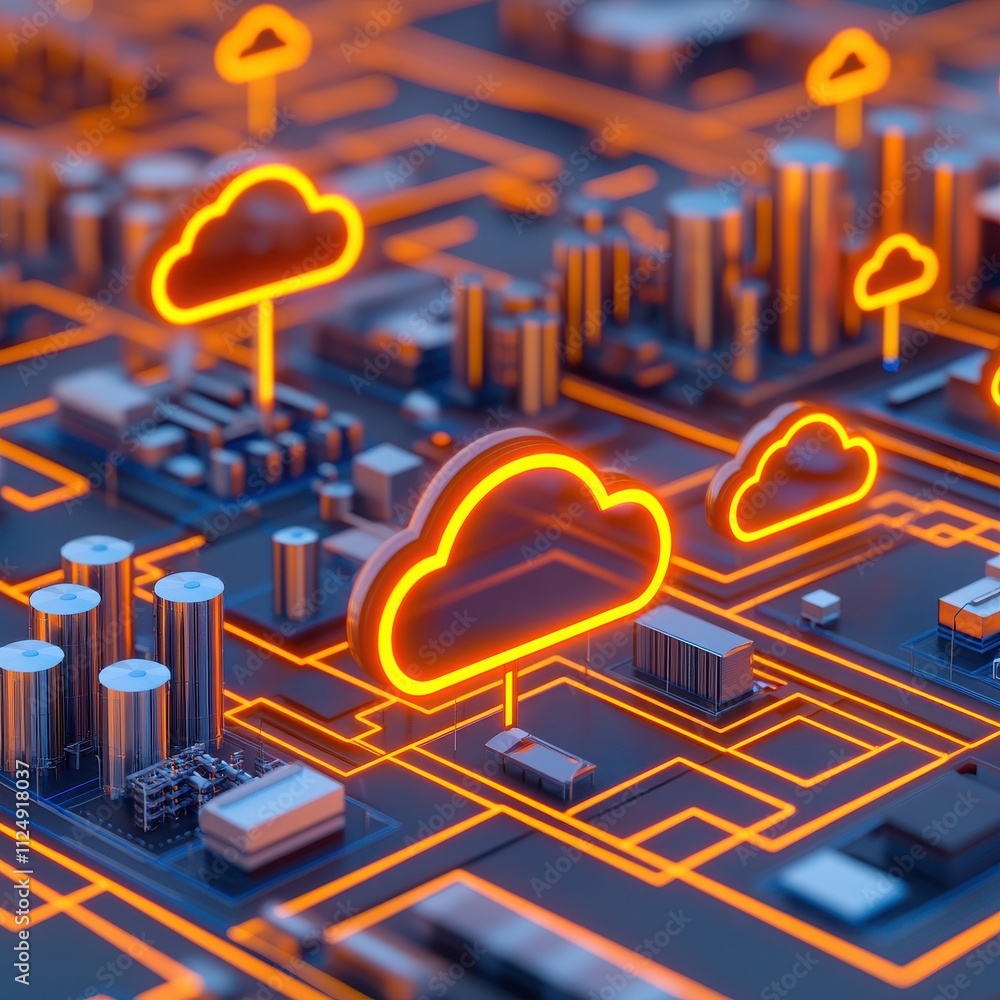 Poster futuristic digital landscape featuring cloud computing icons on a circuit board, symbolizing connect