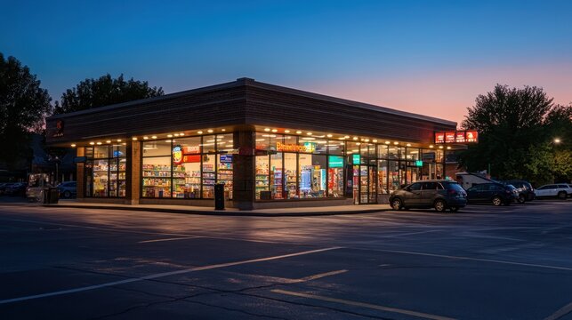 Convenience store with storefront parking illuminated by warm streetlights at dusk, busy urban surroundings,