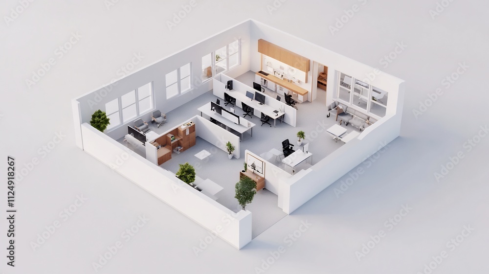 Poster modern open office layout with collaborative desks and bright illumination