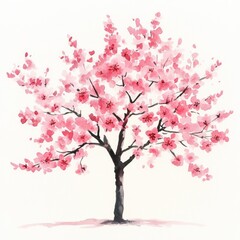 Watercolor painting of a pink flowering tree.