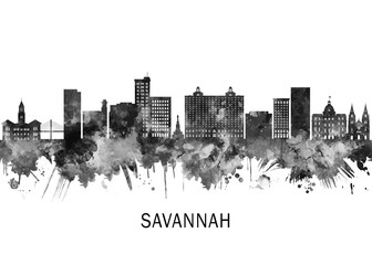 Obraz premium Savannah Georgia Skyline BW, cityscape landscape watercolor painting print poster abstract splash illustration urban art modern downtown landmarks skyscrapers