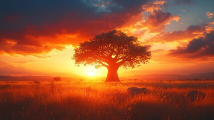 Fototapeta premium A majestic tree silhouetted against a vibrant sunset, surrounded by golden grasslands.