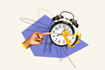 Composite trend artwork sketch image photo collage of huge clock time deadline timepiece fired burn...