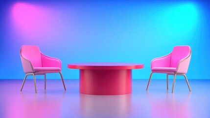Obraz premium Vibrant Pink Chairs and Round Table against Gradient Colorful Background
