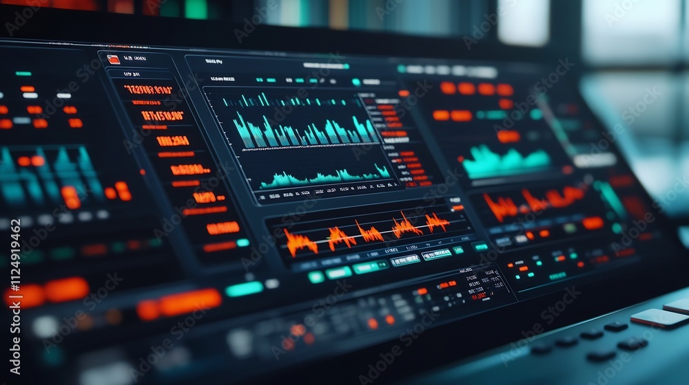 Poster corporate finance analytics dashboard with interactive market graphs and data visualizations