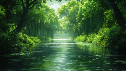 Obraz premium Serene Reflection of Lush Green Trees in Tranquil Forest River Landscape