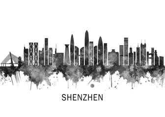 Obraz premium Shenzhen China Skyline BW, cityscape landscape watercolor painting print poster abstract splash illustration urban art modern downtown landmarks skyscrapers
